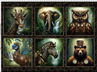In The Beginning Fabrics - Steampunk Menagerie by Jason Yenter Panel - Patchwork and Quilting Fabric from Brown's Craft Shed (Tags: Fabric animals bear elephant giraffe Jason Yenter novelty owl panel peacock steampunk Steampunk Menagerie wildlife zebra )