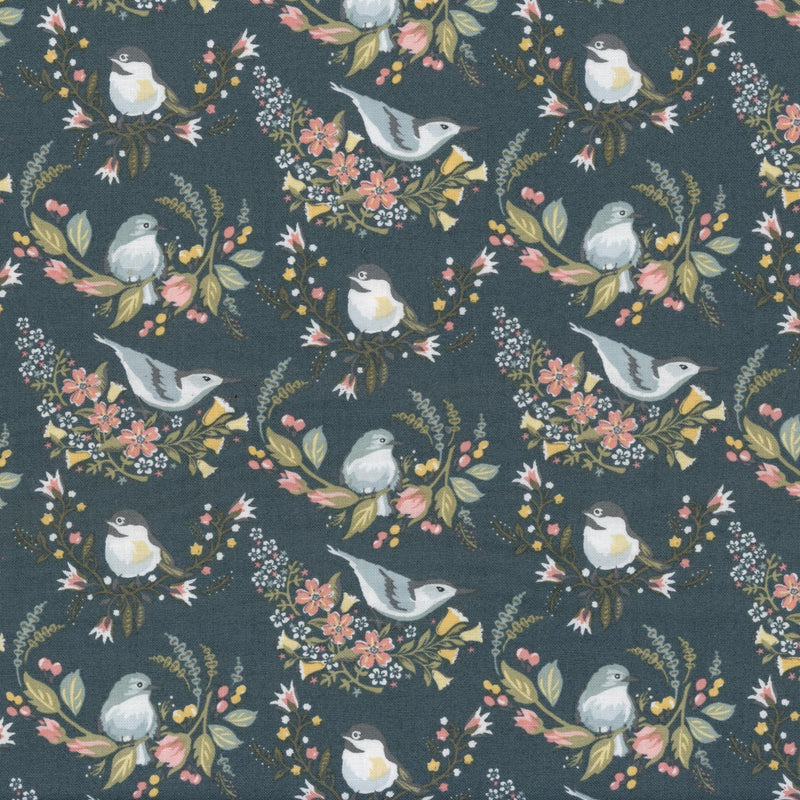 Poppie Cotton Songbird Serenade by Sheri McCulley Studio - Patchwork and Quilting Fabric from Brown's Craft Shed (Tags: Fabric birds charcoal Floral garden green nature Neutral pastel pink Poppie Cotton Sheri McCulley Studio Songbird Serenade whimsical wildlife )