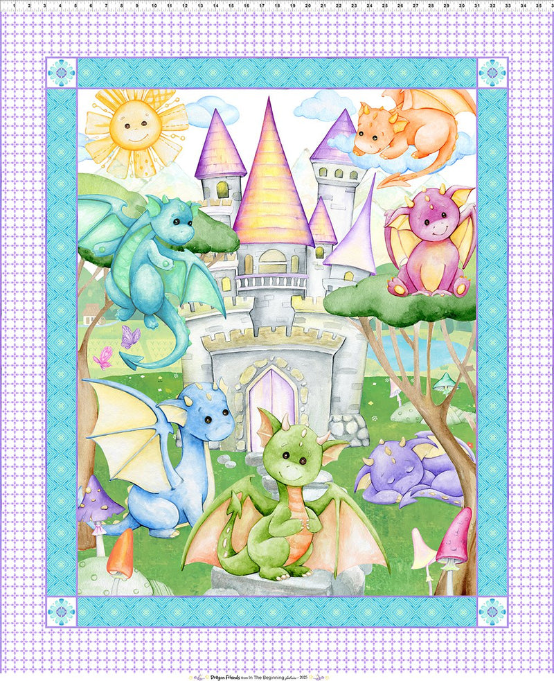 In The Beginning Dragon Friends by ITB Studios Castle Panel - Patchwork and Quilting Fabric from Brown's Craft Shed (Tags: Fabric blue castle children dragons fantasy green multi novelty orange panel pink playful purple whimsical )