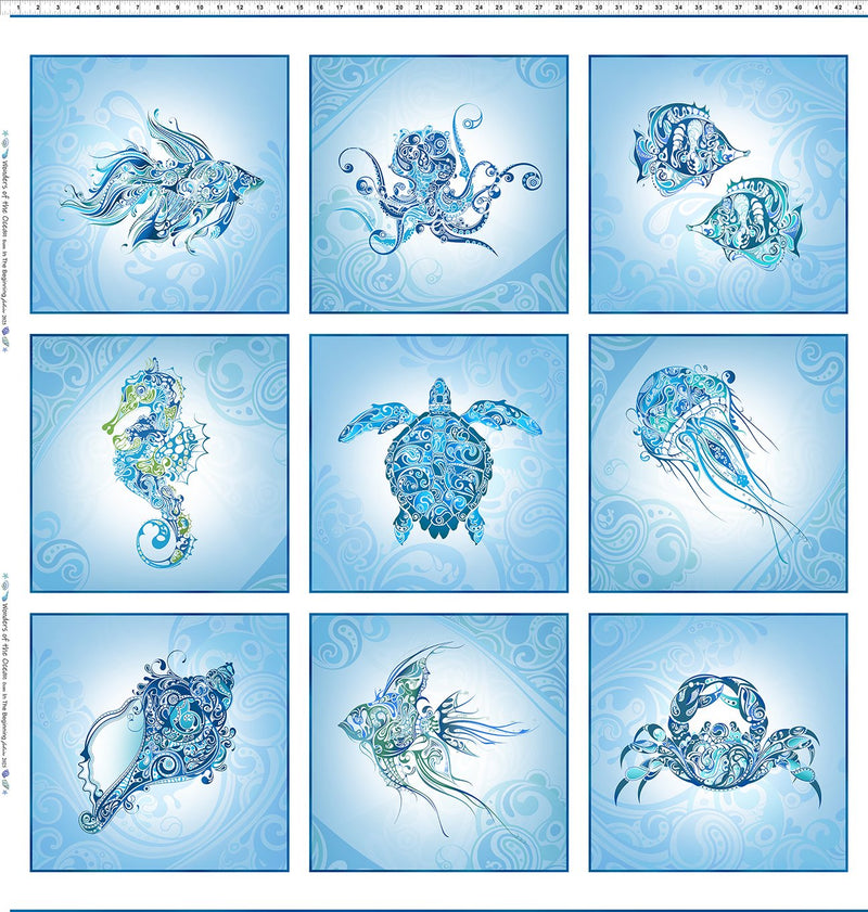 In The Beginning Wonders of the Ocean Panel - Patchwork and Quilting Fabric from Brown's Craft Shed (Tags: Fabric animals aquarium aquatic blue crab fish jellyfish nature novelty ocean octopus panel patterns sea life seahorse teal turtle water whimsical wildlife )