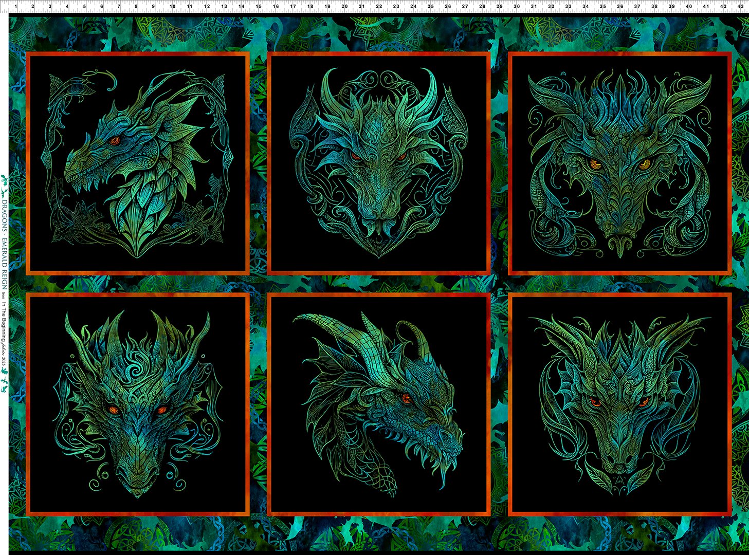 In The Beginning Fabrics: Dragons - Emerald Reign Panel - Patchwork and Quilting Fabric from Brown's Craft Shed (Tags: Fabric dragon emerald fantasy mystical panel teal )