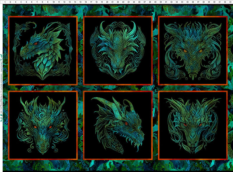 In The Beginning Fabrics: Dragons - Emerald Reign Panel - Patchwork and Quilting Fabric from Brown's Craft Shed (Tags: Fabric dragon emerald fantasy mystical panel teal )