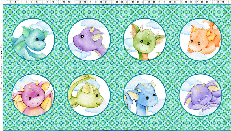 In The Beginning Dragon Friends by ITB Studios Circle Panel - Patchwork and Quilting Fabric from Brown's Craft Shed (Tags: Fabric blue children circle dragons fantasy green multi novelty orange panel pink playful purple whimsical )