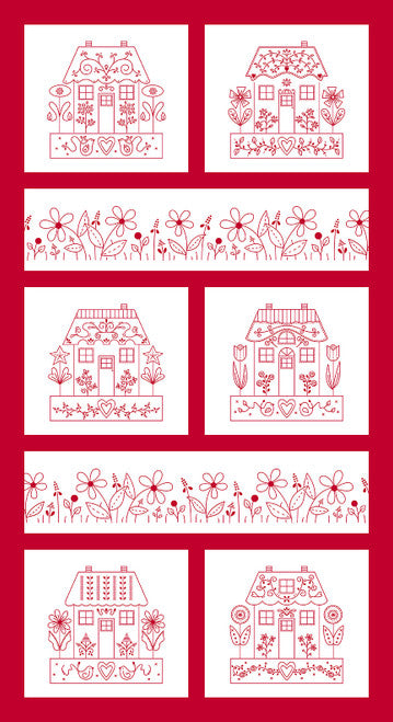 Henry Glass & Co., Inc Redberrry Lane by Gail Pan - Patchwork and Quilting Fabric from Brown's Craft Shed (Tags: Fabric cottage country craft embroidery style Gail Pan Henry Glass & Co. houses novelty panel patchwork playful quilting red Redberry Lane rustic specialty whimsical white )