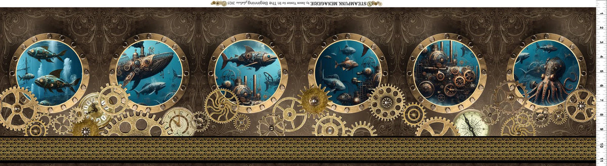 In The Beginning Fabrics - Steampunk Menagerie by Jason Yenter - Patchwork and Quilting Fabric from Brown's Craft Shed (Tags: Fabric border Brown fish gears gold Jason Yenter nautical novelty ocean octopus steampunk Steampunk Menagerie stripe submarine teal )