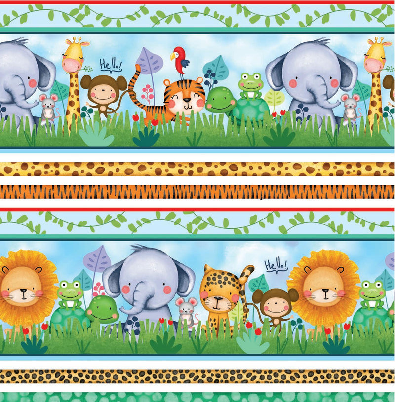 KK Fabrics - Jungle Paradise Jungle Jubilee by Michael Miller - Patchwork and Quilting Fabric from Brown's Craft Shed (Tags: Fabric animals blue borders children cute elephant frogs green jungle KK Fabrics leopard lion Michael Miller monkey novelty playful stripe tiger )