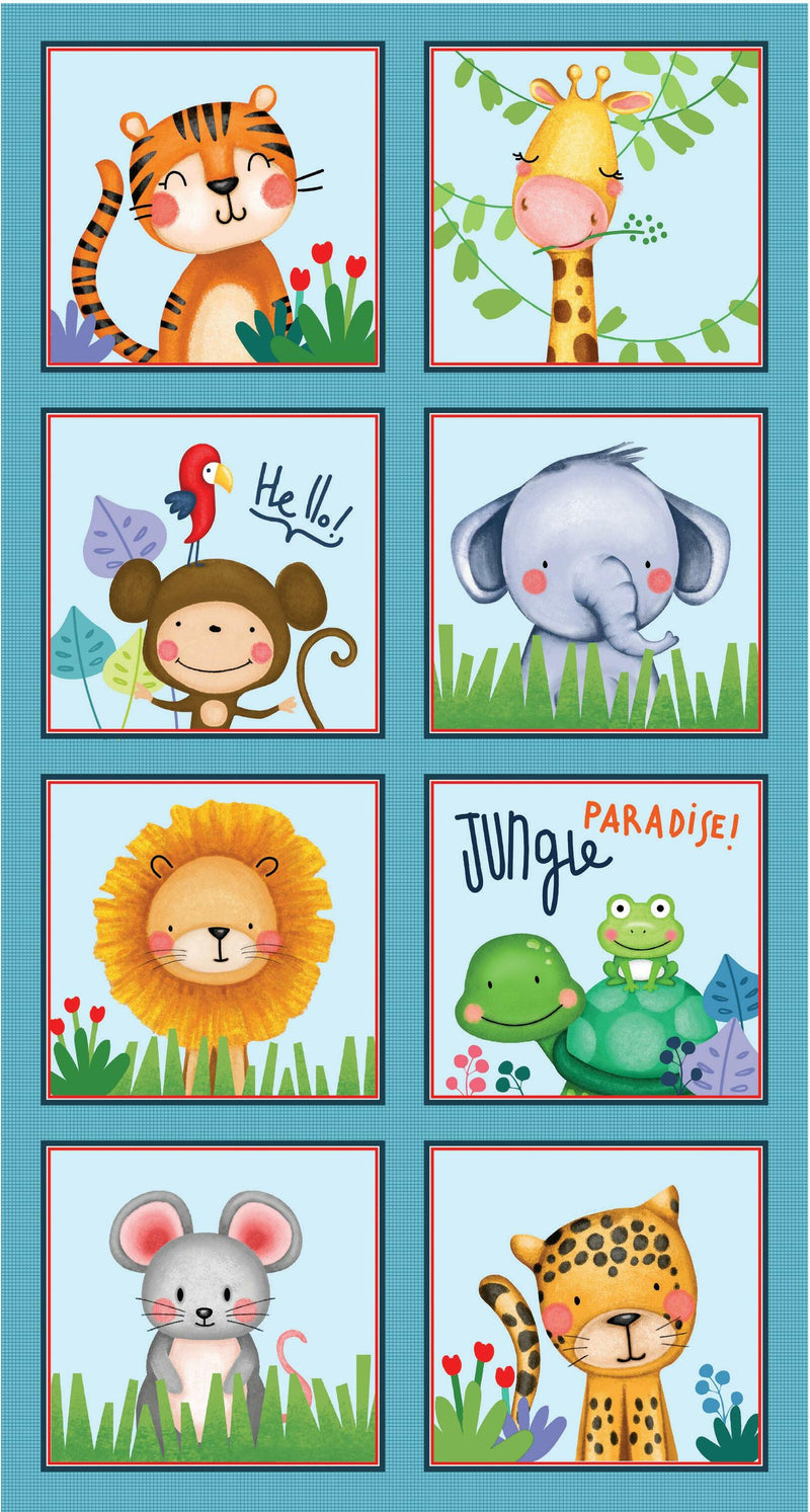 Kennard & Kennard Fabrics - Jungle Paradise Panel for Michael Miller - Patchwork and Quilting Fabric from Brown's Craft Shed (Tags: Fabric animals blue children cute elephant frogs giraffe green jungle Kennard & Kennard leopard lion Michael Miller monkey mouse novelty panel playful tiger )