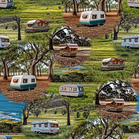 KK Fabrics Wanderlust Wheels: All Caravans by Milvale Design Studio - Patchwork and Quilting Fabric from Brown's Craft Shed (Tags: Fabric blue Brown camping caravan green landscape nature novelty travel )