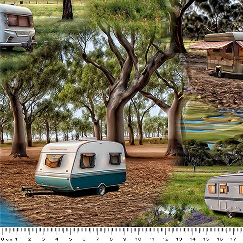 KK Fabrics Wanderlust Wheels: All Caravans by Milvale Design Studio - Patchwork and Quilting Fabric from Brown's Craft Shed (Tags: Fabric blue Brown camping caravan green landscape nature novelty travel )
