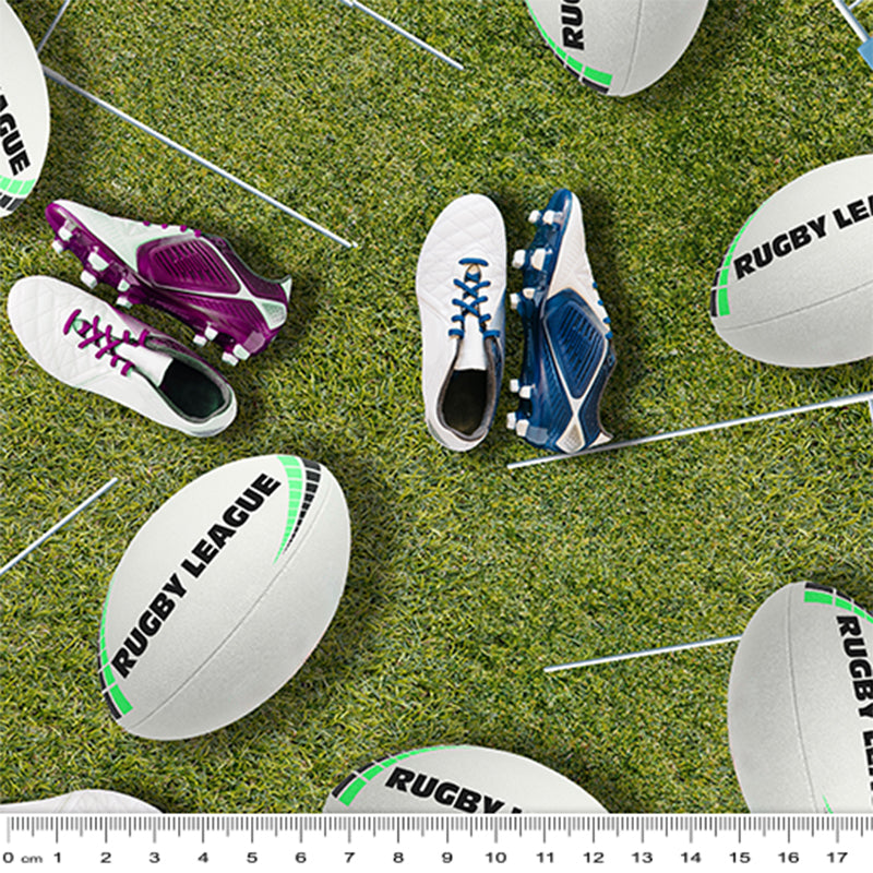 KK Fabrics Football Fever: Balls Boots and Posts Grass by Milvale Design Studio - Patchwork and Quilting Fabric from Brown's Craft Shed (Tags: Fabric boys children football green Milvale Design Studio multi novelty patchwork quilting rugby sports )