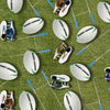 KK Fabrics Football Fever: Balls Boots and Posts Grass by Milvale Design Studio - Patchwork and Quilting Fabric from Brown's Craft Shed (Tags: Fabric boys children football green Milvale Design Studio multi novelty patchwork quilting rugby sports )