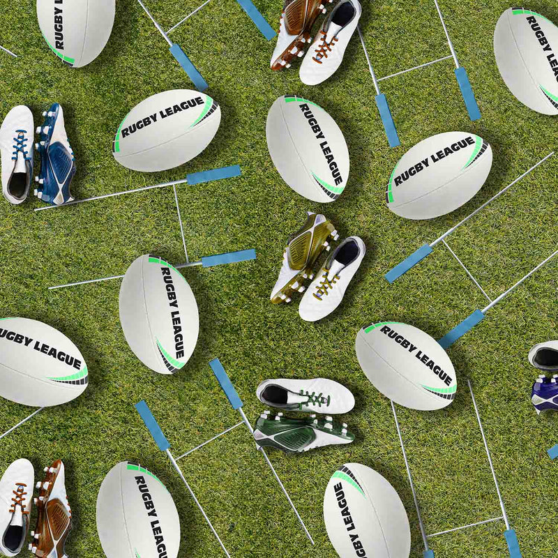 KK Fabrics Football Fever: Balls Boots and Posts Grass by Milvale Design Studio - Patchwork and Quilting Fabric from Brown's Craft Shed (Tags: Fabric boys children football green Milvale Design Studio multi novelty patchwork quilting rugby sports )