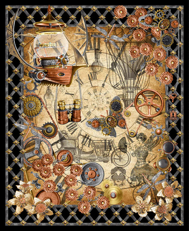 Blank Quilting Corporation - Full Steam Ahead Panel - Patchwork and Quilting Fabric from Brown's Craft Shed (Tags: Fabric gold industrial multi novelty panel specialty steampunk vintage )