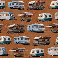 KK Fabrics Wanderlust Wheels: Caravan Dirt by Milvale Design Studio - Patchwork and Quilting Fabric from Brown's Craft Shed (Tags: Fabric Brown camping caravan landscape nature novelty orange road trip travel vehicles )