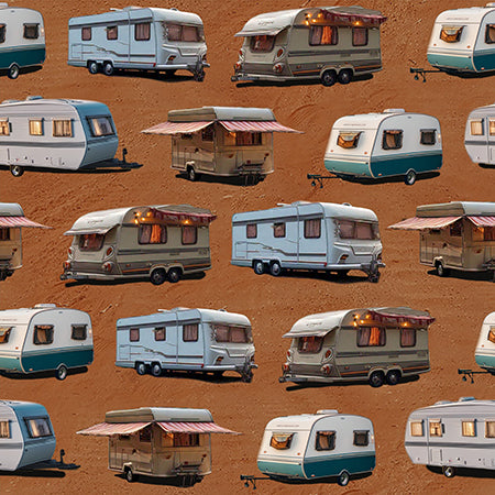 KK Fabrics Wanderlust Wheels: Caravan Dirt by Milvale Design Studio - Patchwork and Quilting Fabric from Brown's Craft Shed (Tags: Fabric Brown camping caravan landscape nature novelty orange road trip travel vehicles )