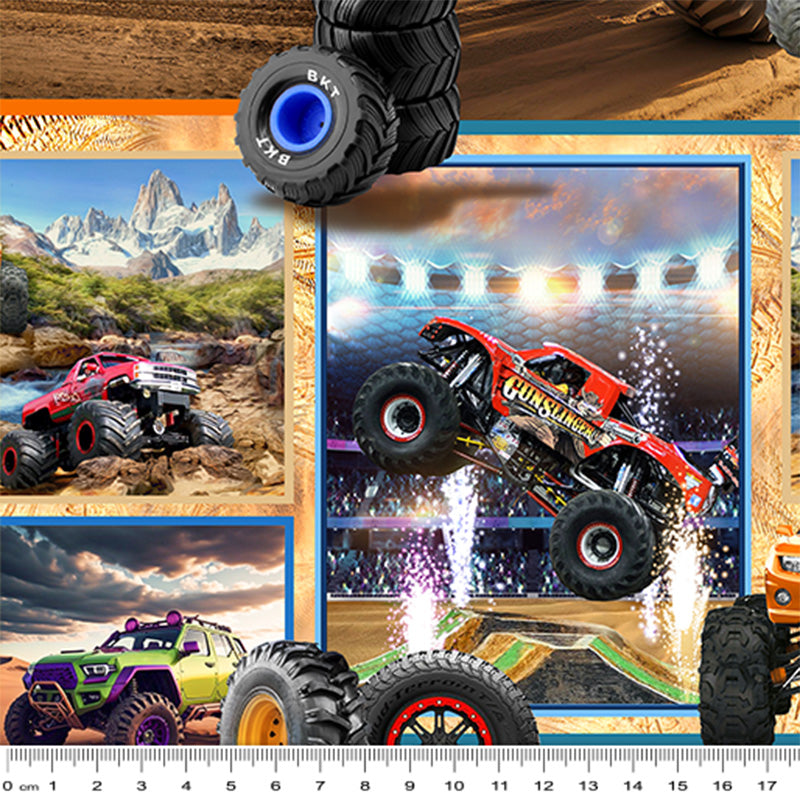 KK Fabrics Monster Trucks: Collage by Milvale Design Studio - Patchwork and Quilting Fabric from Brown's Craft Shed (Tags: Fabric blue children collage green monster trucks multi novelty orange playful red vehicles )
