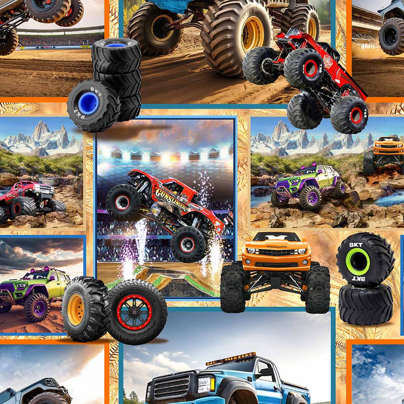 KK Fabrics Monster Trucks: Collage by Milvale Design Studio - Patchwork and Quilting Fabric from Brown's Craft Shed (Tags: Fabric blue children collage green monster trucks multi novelty orange playful red vehicles )