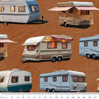 KK Fabrics Wanderlust Wheels: Caravan Dirt by Milvale Design Studio - Patchwork and Quilting Fabric from Brown's Craft Shed (Tags: Fabric Brown camping caravan landscape nature novelty orange road trip travel vehicles )