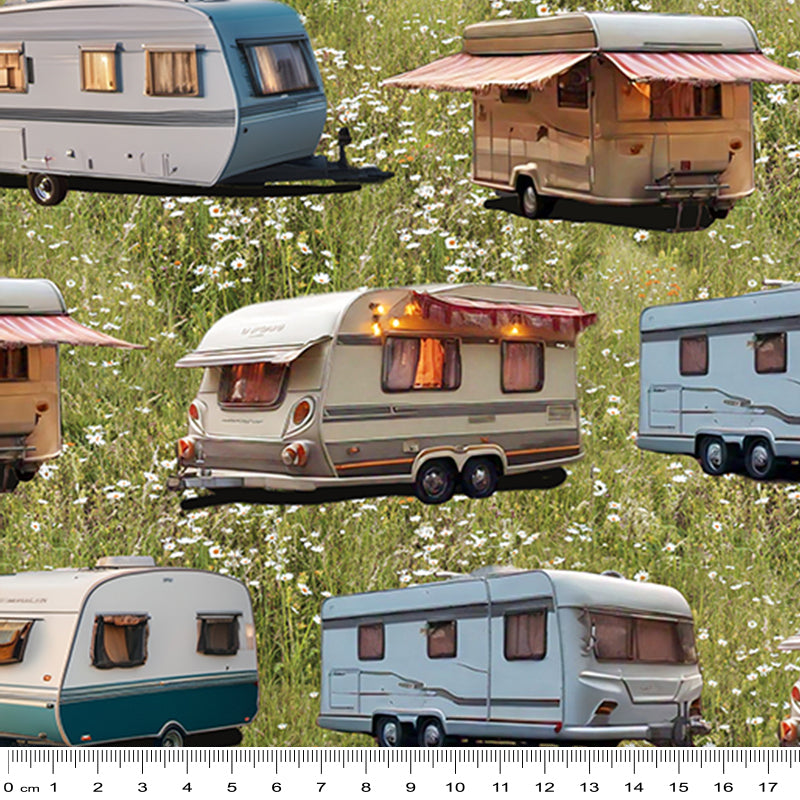 KK Fabrics Wanderlust Wheels: Caravan Grass by Milvale Design Studio - Patchwork and Quilting Fabric from Brown's Craft Shed (Tags: Fabric camping caravan green nature novelty outdoors road trip travel vehicles )