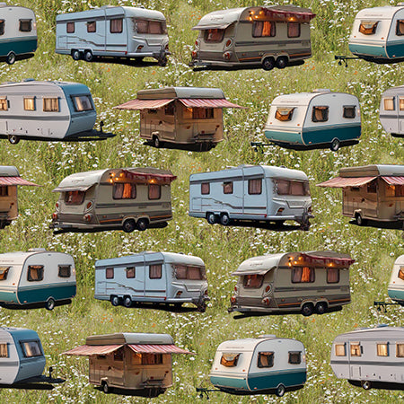 KK Fabrics Wanderlust Wheels: Caravan Grass by Milvale Design Studio - Patchwork and Quilting Fabric from Brown's Craft Shed (Tags: Fabric camping caravan green nature novelty outdoors road trip travel vehicles )