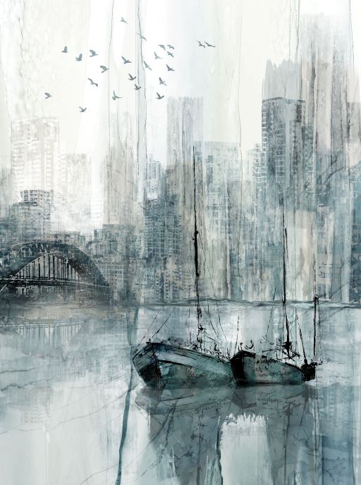 Northcott City Harbor Panel by Deborah Edwards & Melanie Samra - Patchwork and Quilting Fabric from Brown's Craft Shed (Tags: Fabric blue boats cityscape harbour Northcott ocean panel sky water watercolor )