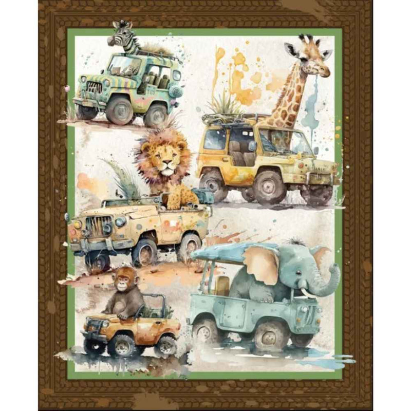 Devonstone Collection Cot Panel - Patchwork and Quilting Fabric from Brown's Craft Shed (Tags: Fabric animal animals blue car cheetah children cot panel cream elephant giraffe green jeep jungle lion monkey multi novelty nursery panel playful safari watercolour whimsical zebra )