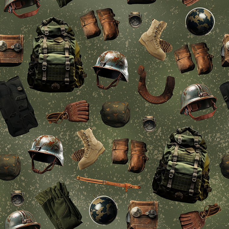 KK Fabrics Freedom Forces: Military Memorabilia by Milvale Design Studio - Patchwork and Quilting Fabric from Brown's Craft Shed (Tags: Fabric adventure boys camouflage green military novelty patterns )
