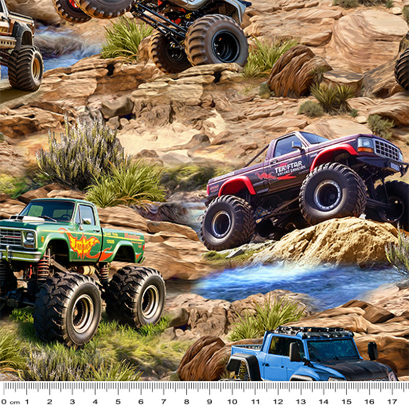 KK Fabrics Monster Trucks: Mountains by Milvale Design Studio - Patchwork and Quilting Fabric from Brown's Craft Shed (Tags: Fabric blue Brown children desert green monster trucks mountains multi nature novelty playful vehicles )