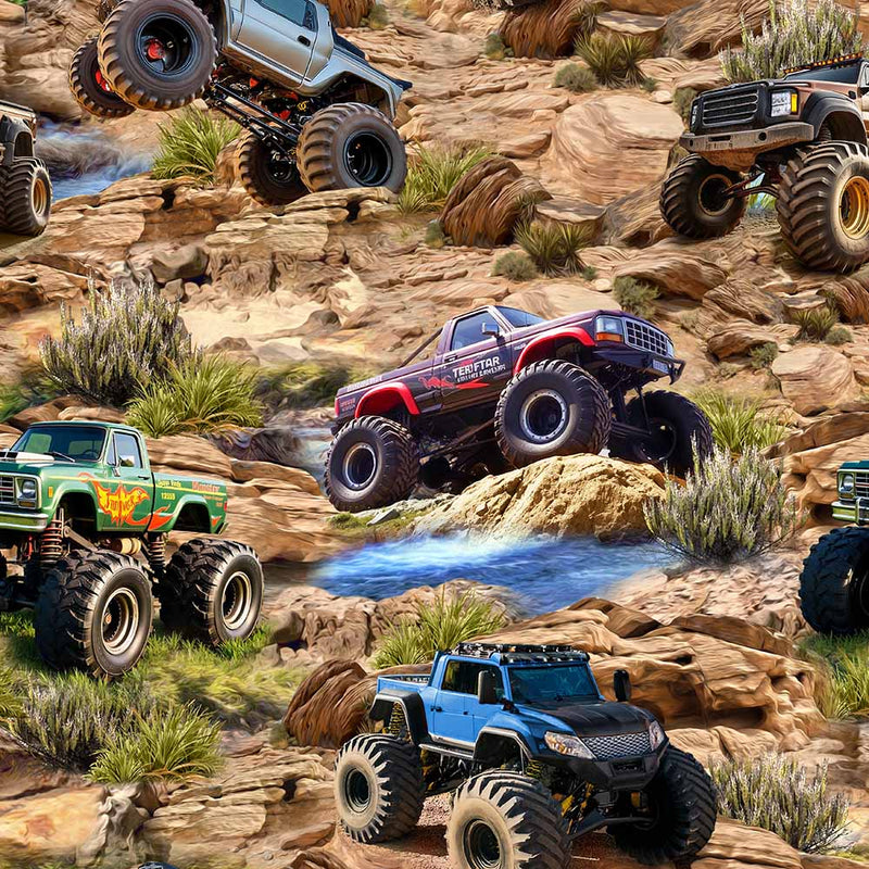 KK Fabrics Monster Trucks: Mountains by Milvale Design Studio - Patchwork and Quilting Fabric from Brown's Craft Shed (Tags: Fabric blue Brown children desert green monster trucks mountains multi nature novelty playful vehicles )