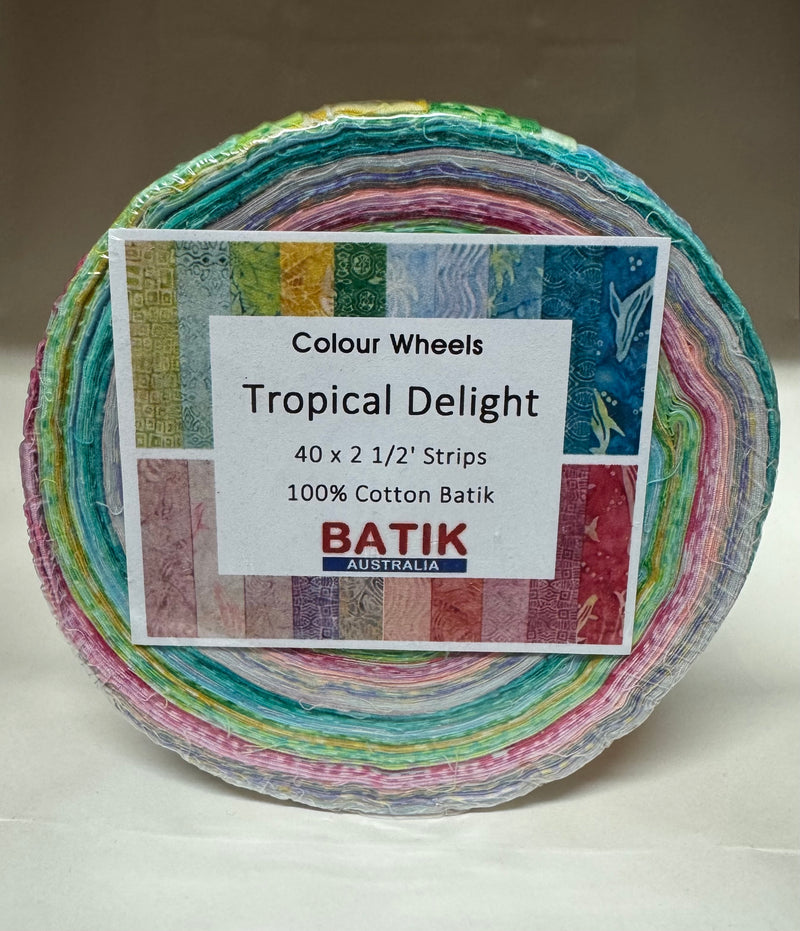 Batik Australia - Tropical Delight Jelly Roll - Patchwork and Quilting Fabric from Brown's Craft Shed (Tags: Fabric 2.5 inch strips baby quilt fabric batik fabric coastal batik colour wheels hand dyed batik pastel batik quilting precut sewing supplies soft colours spring palette strip roll tropical delight tropical print wave print )