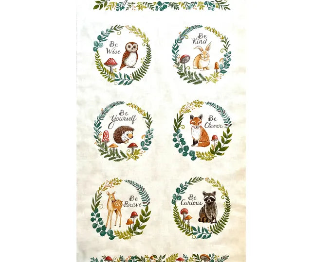 Moda Effie's Woods Panel by Deb Strain - Patchwork and Quilting Fabric from Brown's Craft Shed (Tags: Fabric animals children cream Deb Strain deer Effies Woods fox garden green hedgehog Moda nature owl panel raccoon whimsical wildlife woodland )