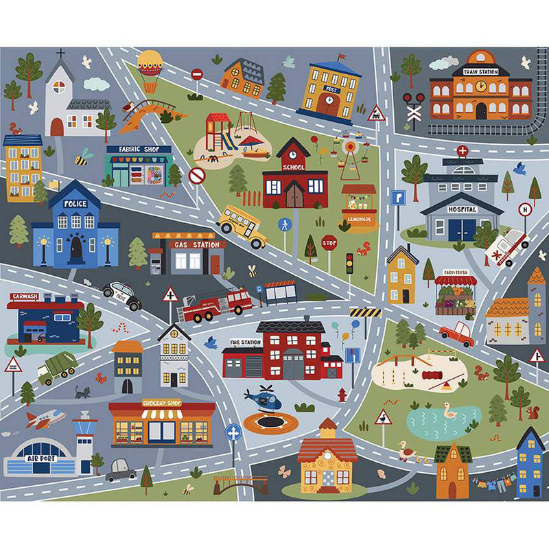 Riley Blake Designs - It Takes a Village Panel by Jennifer Long - Sew a Story - Patchwork and Quilting Fabric from Brown's Craft Shed (Tags: Fabric cars children educational interactive novelty panel playful quilt storytelling town village whimsical )