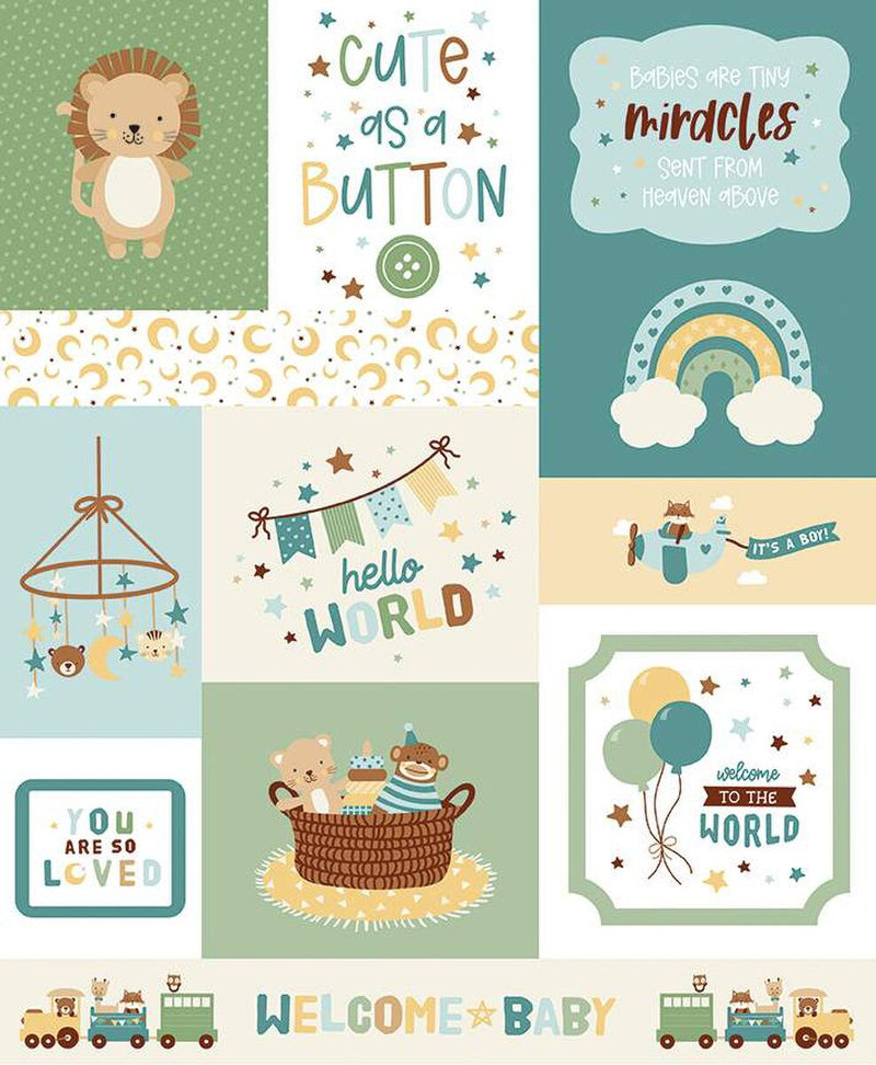 Baby Boy Cute As A Button Panel by Lori Whitlock for Riley Blake Designs - Patchwork and Quilting Fabric from Brown's Craft Shed (Tags: Fabric animals baby baby boy balloons children cute lion Lori Whitlock nursery panel pastel rainbow Riley Blake Designs train welcome baby whimsical )