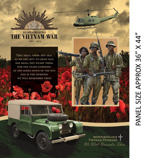 KK Fabrics - The Vietnam War Panel Designed by Kennard & Kennard - Patchwork and Quilting Fabric from Brown's Craft Shed (Tags: Fabric commemorative feature panel green Kennard & Kennard KK Fabrics military panel poppies red remembrance tribute veterans Vietnam War )