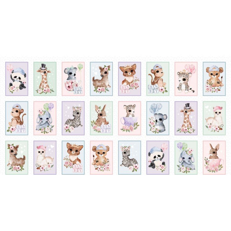 KK Fabrics Animal Babies Animal Vignettes Panel - Patchwork and Quilting Fabric from Brown's Craft Shed (Tags: Fabric animal babies baby quilt panel bunny deer fox giraffe KK Fabrics koala nursery fabric panda panel pastel safari animals woodland animals zebra )