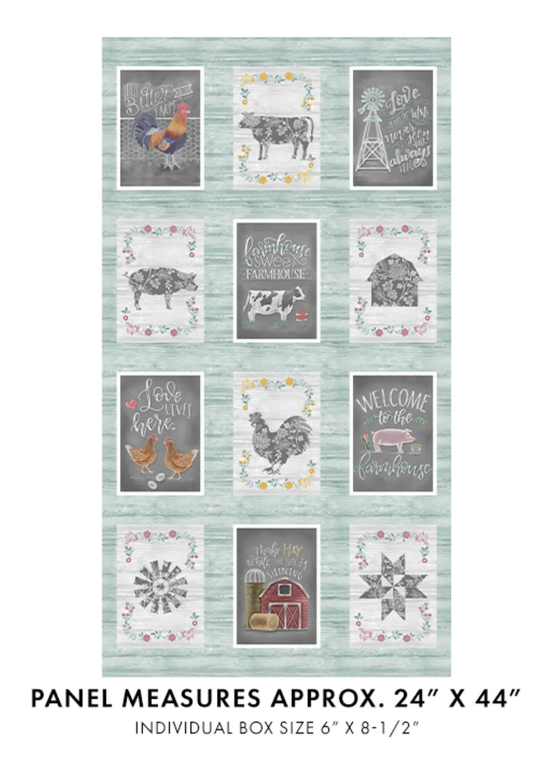Benartex - Chalk Barn Panel by White Lime/Shannon Roberts - Patchwork and Quilting Fabric from Brown's Craft Shed (Tags: Fabric animals barn Benartex chalkboard chickens country cow farm farmhouse green grey novelty panel pastoral pig rooster rustic Shannon Roberts sheep White Lime )