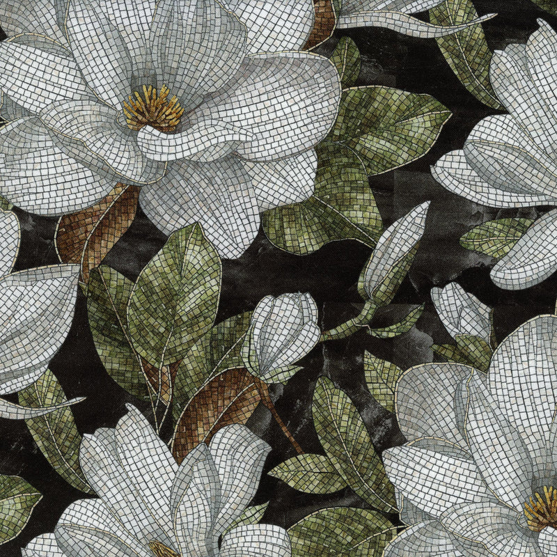 Northcott - Magnolia by Racquel Martindale - Black Multi - Patchwork and Quilting Fabric from Brown's Craft Shed (Tags: Fabric feature print Floral flowers gold green Magnolia mosaic nature Northcott patterns Racquel Martindale stained glass white )