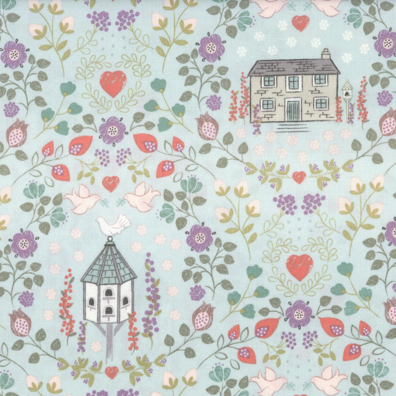 Kennard & Kennard - Dove House by Lewis & Irene - Threaded with Love - Patchwork and Quilting Fabric from Brown's Craft Shed (Tags: Fabric birds blue cottagecore country Country Cottage Blue delicate Dove House doves green hearts house Kennard & Kennard lavender Lewis & Irene nature patchwork pink quilting romantic Threaded with Love whimsical )