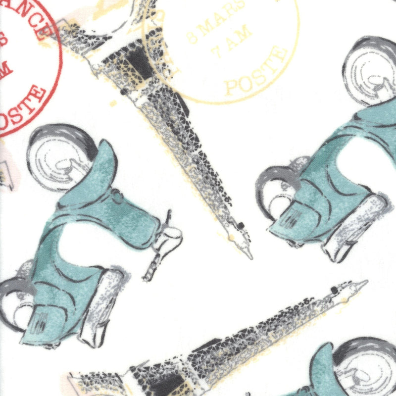 Sullivans - Joann Flannelette - Patchwork and Quilting Fabric from Brown's Craft Shed (Tags: Fabric children cosy Eiffel Tower Europe flannel flannelette Joann novelty Paris playful scooter Sullivans teal travel white )
