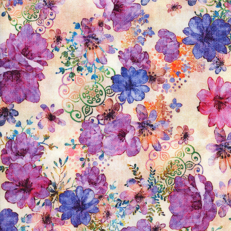 QT Fabrics All A Flutter - Violet Bloom Cascade - Patchwork and Quilting Fabric from Brown's Craft Shed (Tags: Fabric All A Flutter blender colourful Floral flowers garden indigo multi nature patterns pink purple QT Fabrics violet whimsical )