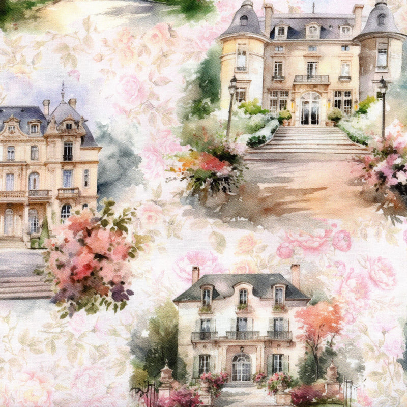 Hoffman Fabrics - Soiree (Blush) - Patchwork and Quilting Fabric from Brown's Craft Shed (Tags: Fabric blush buildings chateau cream Floral florals garden green Hoffman Fabrics house pastel pink romantic Soiree vintage )
