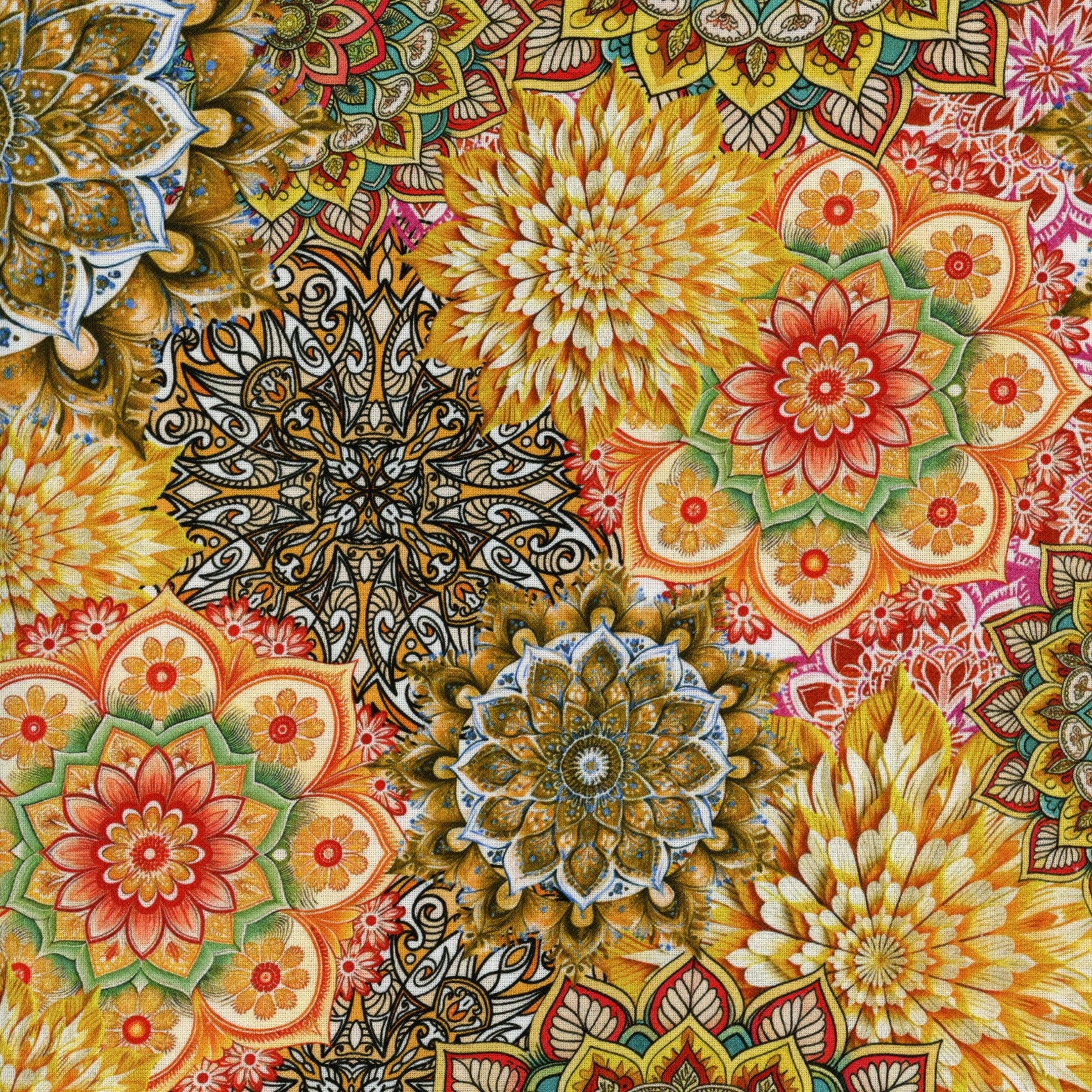 Kennard & Kennard Fabrics Lush Petals Wide (Yellow Mandala) - Patchwork and Quilting Fabric from Brown's Craft Shed (Tags: Fabric 2.7m wide backing bold gold Kennard & Kennard Lush Petals mandala multi nature patterns red statement print wide back wideback )
