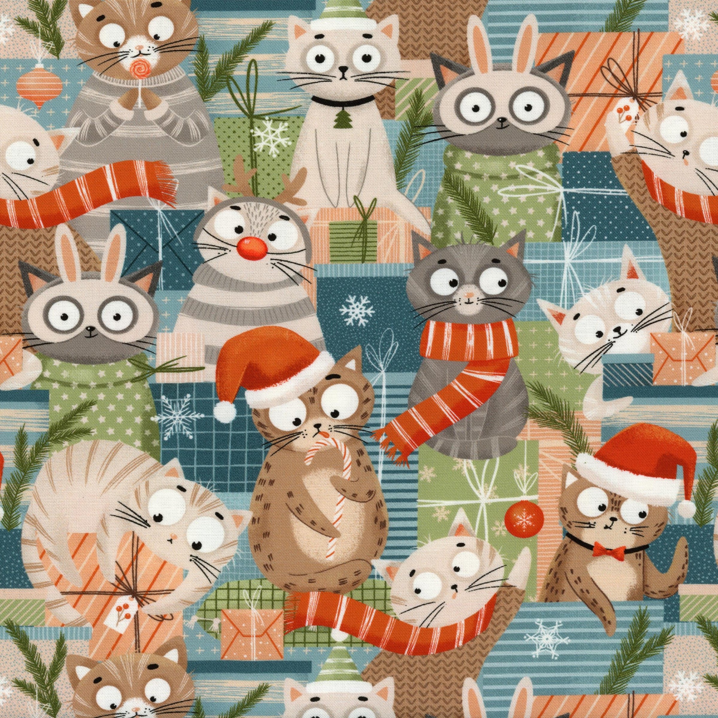 Moda Purrfect Christmas by 3 Sisters - Festive Felines - Patchwork and Quilting Fabric from Brown's Craft Shed (Tags: Fabric 3 Sisters animals blue cats christmas cream festive gifts green Moda novelty playful whimsical )