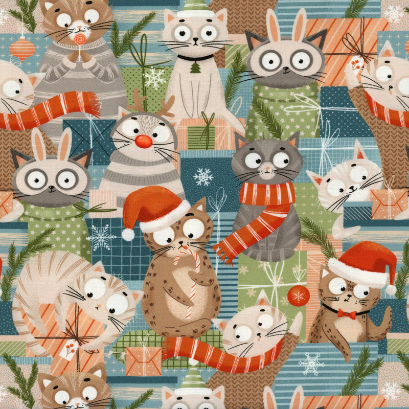 Moda Purrfect Christmas by 3 Sisters - Festive Felines - Patchwork and Quilting Fabric from Brown's Craft Shed (Tags: Fabric 3 Sisters animals blue cats christmas cream festive gifts green Moda novelty playful whimsical )