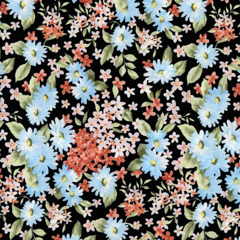 Fabri-Quilt Inc - Bristol Daisy Floral Black - Patchwork and Quilting Fabric from Brown's Craft Shed (Tags: Fabric blue Bristol Daisy Floral classic contrast coral daisy elegant Fabri-Quilt Floral garden green Midnight Daisy Garden nature patchwork quilting timeless )