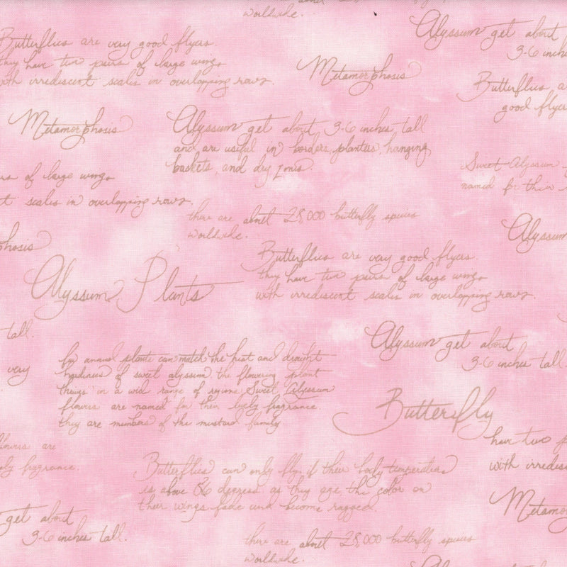 Robert Kaufman Garden Studies - Spring (Script Pink) - Patchwork and Quilting Fabric from Brown's Craft Shed (Tags: Fabric basics garden pastel patterns pink Robert Kaufman script text whimsical )