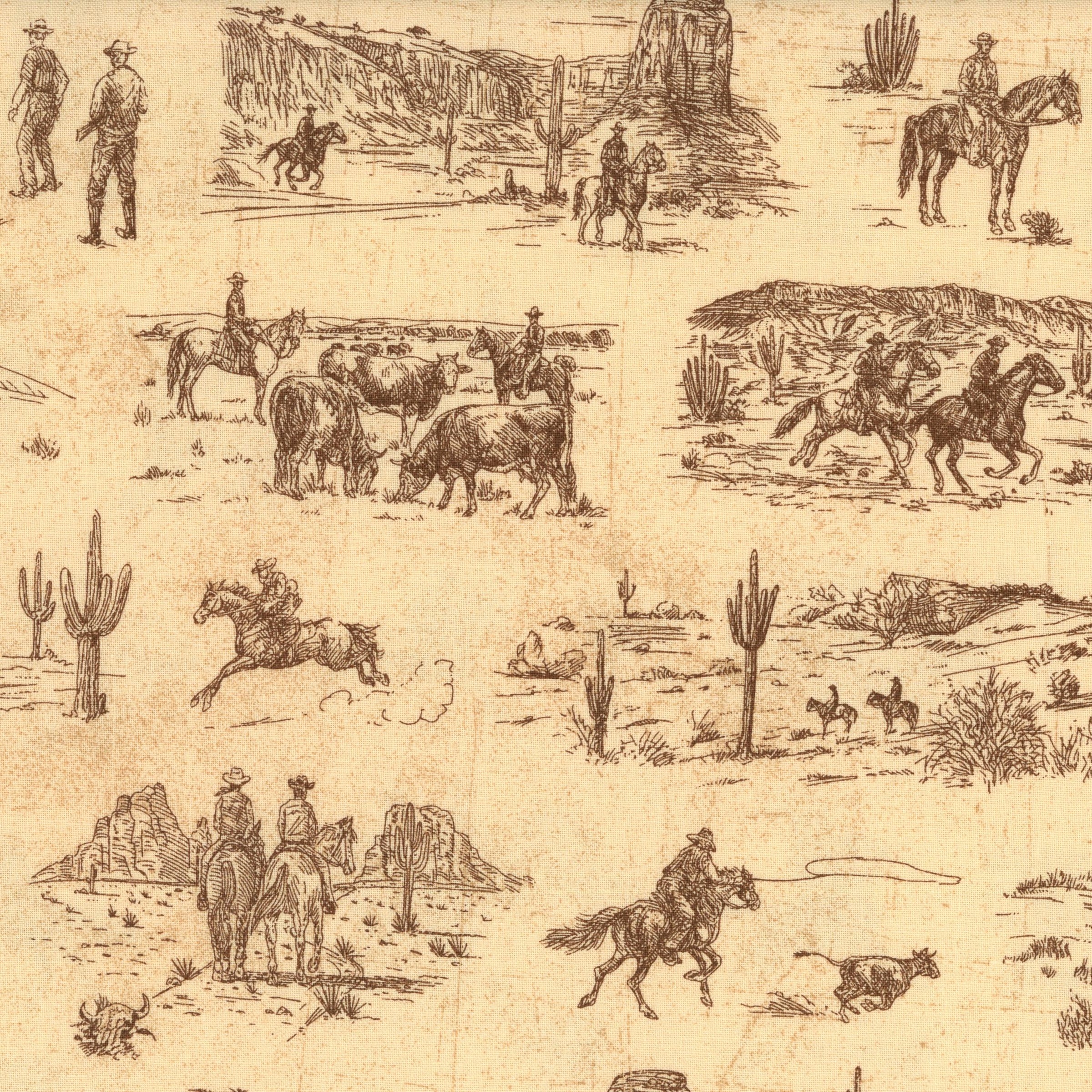 Riley Blake Designs: John Wayne American West (Cream) - Patchwork and Quilting Fabric from Brown's Craft Shed (Tags: Fabric American West Americana cattle cream desert horses John Wayne Neutral novelty Riley Blake Designs rustic vintage Western )