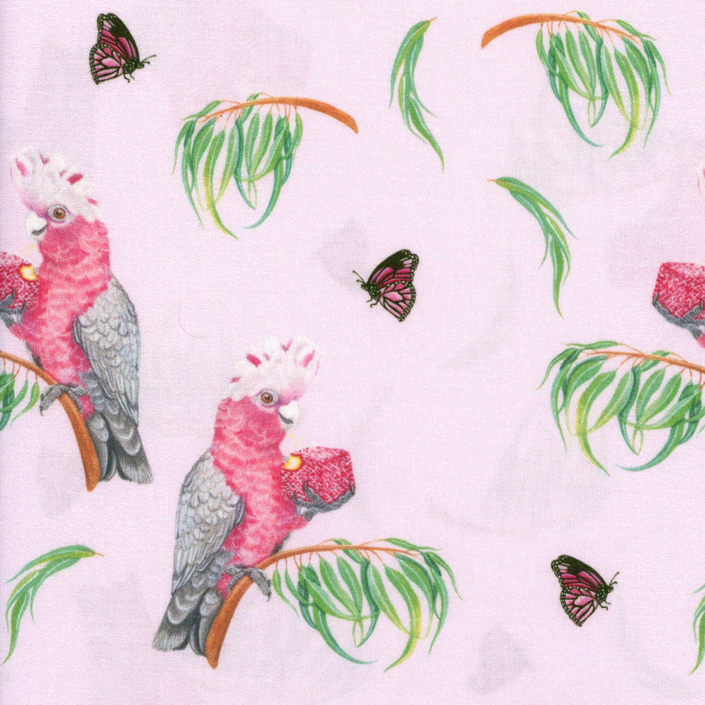 KK Fabrics Native Tucker - Patchwork and Quilting Fabric from Brown's Craft Shed (Tags: Fabric Australian wildlife australiana birds butterflies cockatoo galah green KK Fabrics Native Tucker nature pink playful whimsical wildlife )