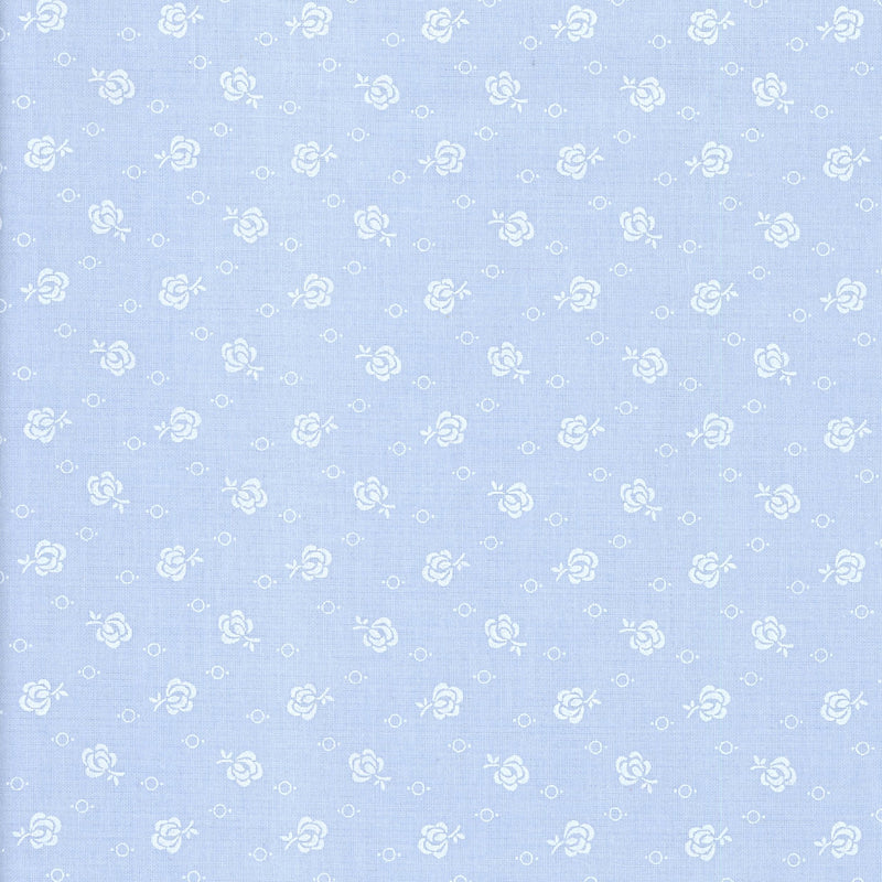Leutenegger Quilters Flour - Powder Blue - Patchwork and Quilting Fabric from Brown's Craft Shed (Tags: Fabric basics blenders blue delicate Leutenegger pastel patterns Powder Blue Rosebud Quilters Flour quilting cotton rosebud roses soft vines white )