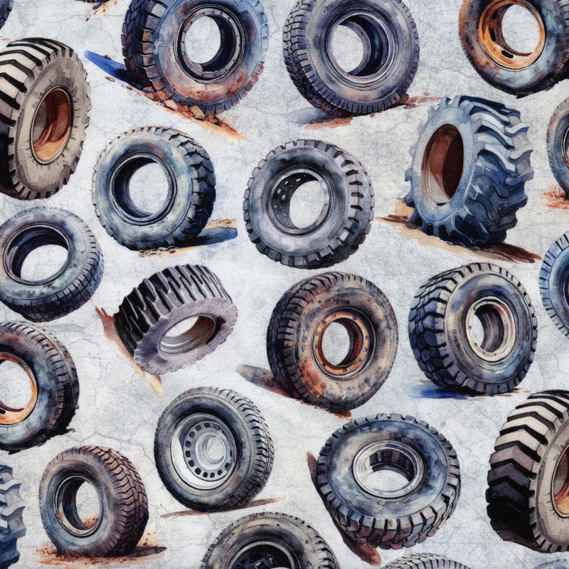 Hoffman Fabrics - Hammer Down (Light Grey) - Patchwork and Quilting Fabric from Brown's Craft Shed (Tags: Fabric blue charcoal children construction Hammer Down Hoffman Fabrics industrial light grey novelty tyres vehicles wheels )